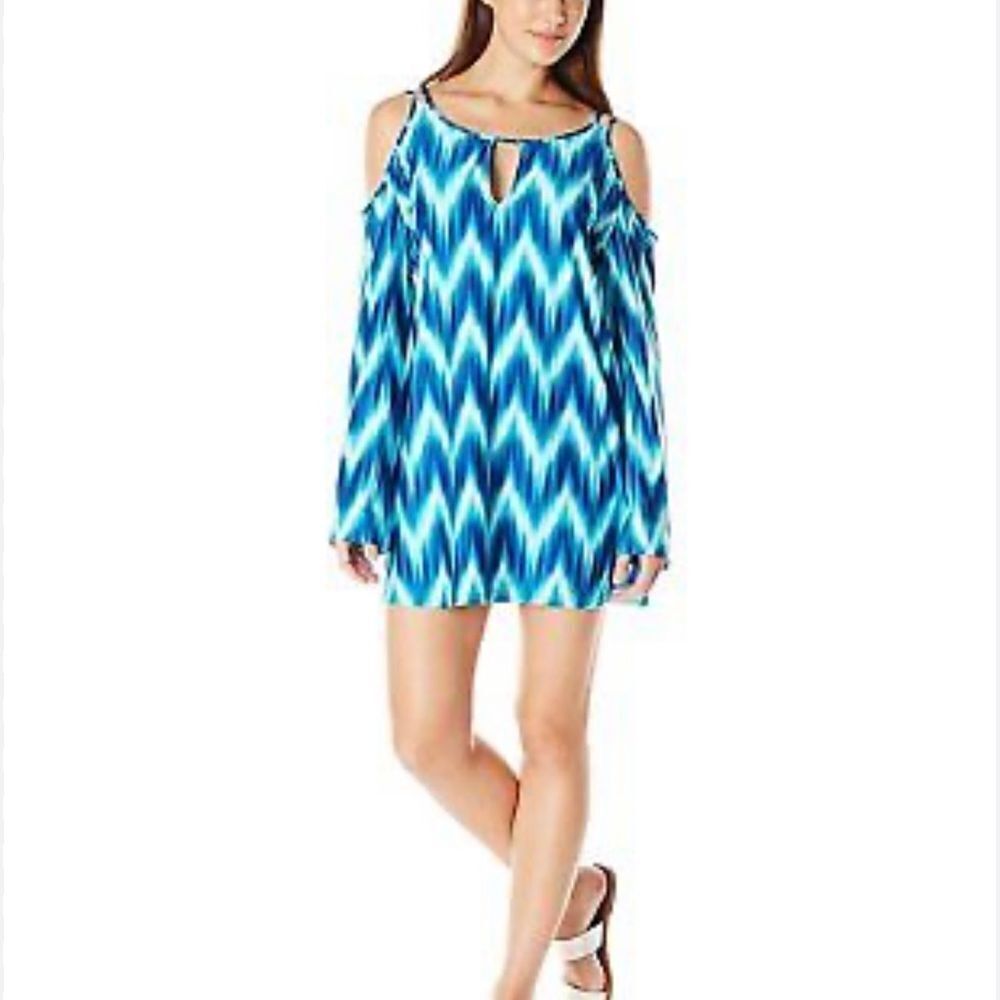 La Blanca Blue Wave Strappy Mini Long Sleeves Swimsuit Beach Cover Up Dress XS